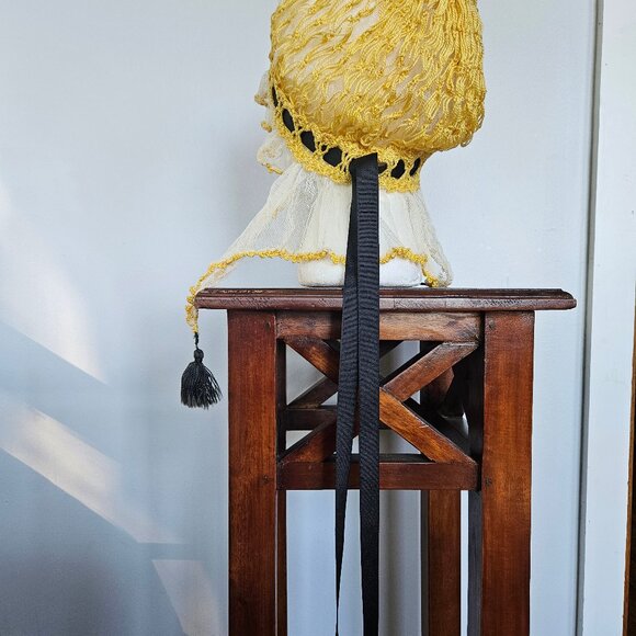 Victorian Yellow Crocheted Sleeping Cap with Black Grosgrain Ribbon main image 4